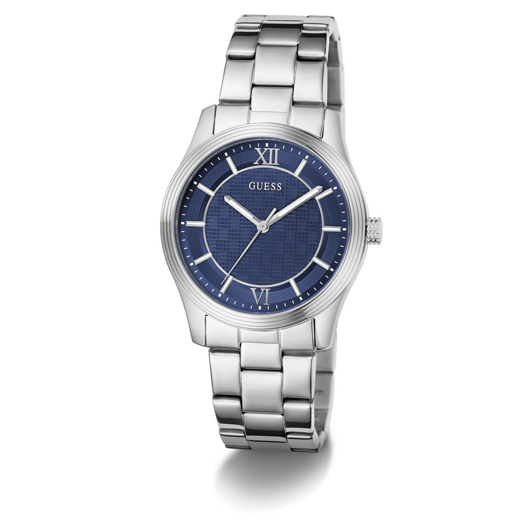 Guess Mens Quentin Blue Sunray Dial Silver-Tone Stainless Steel Bracelet Watch GW1127G1
