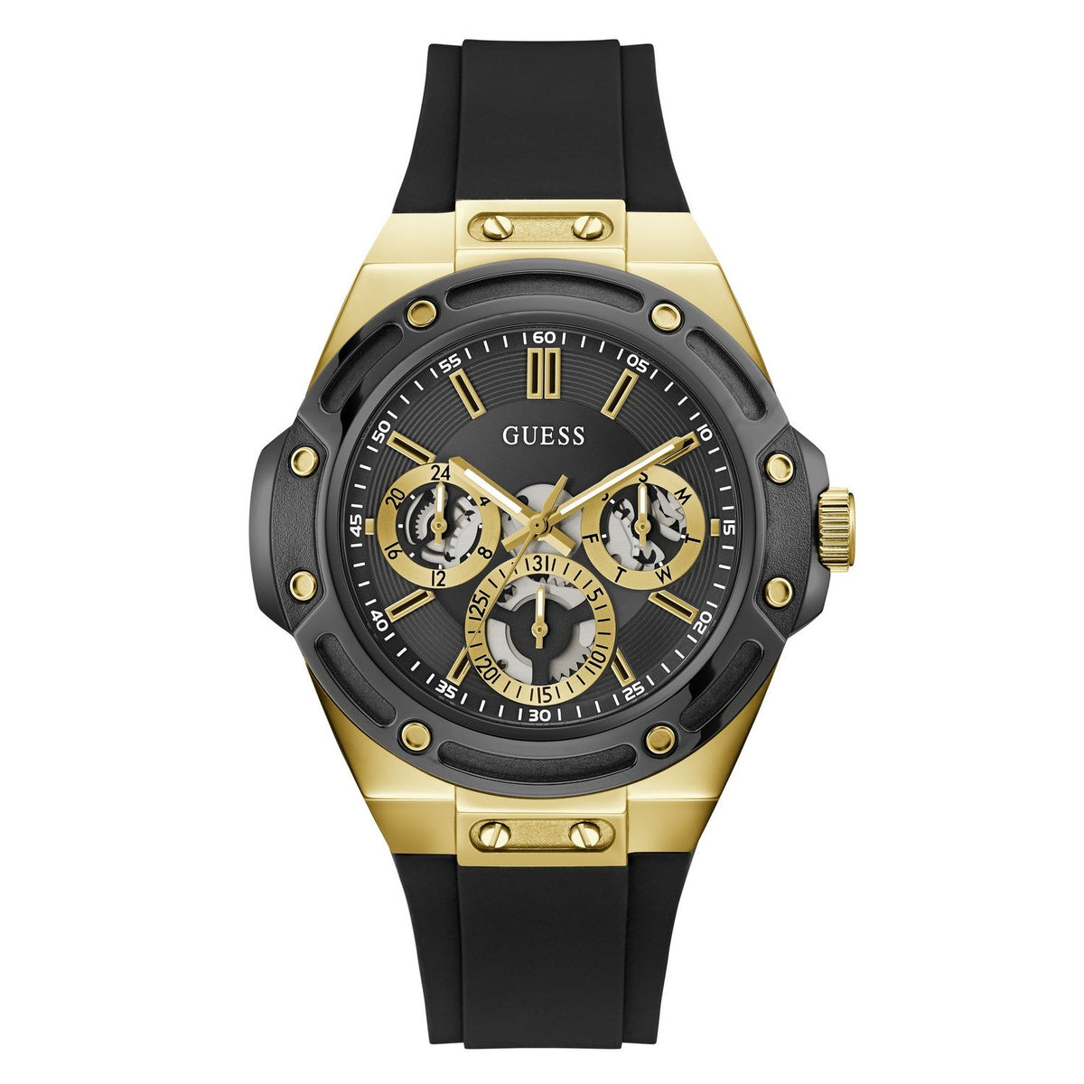 Guess Mens Carver Black Sunray Dial Black Silicone Strap Watch GW1132G2