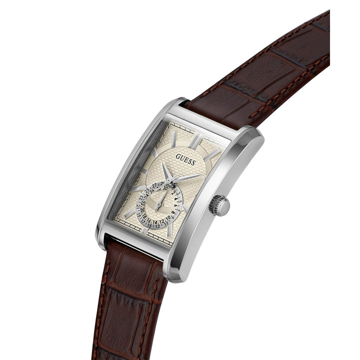 Guess Mens Hugh White Sunray Dial Brown Leather Strap Watch GW1152G1