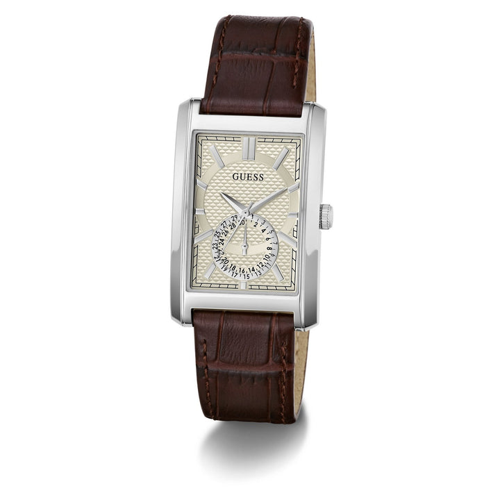 Guess Mens Hugh White Sunray Dial Brown Leather Strap Watch GW1152G1