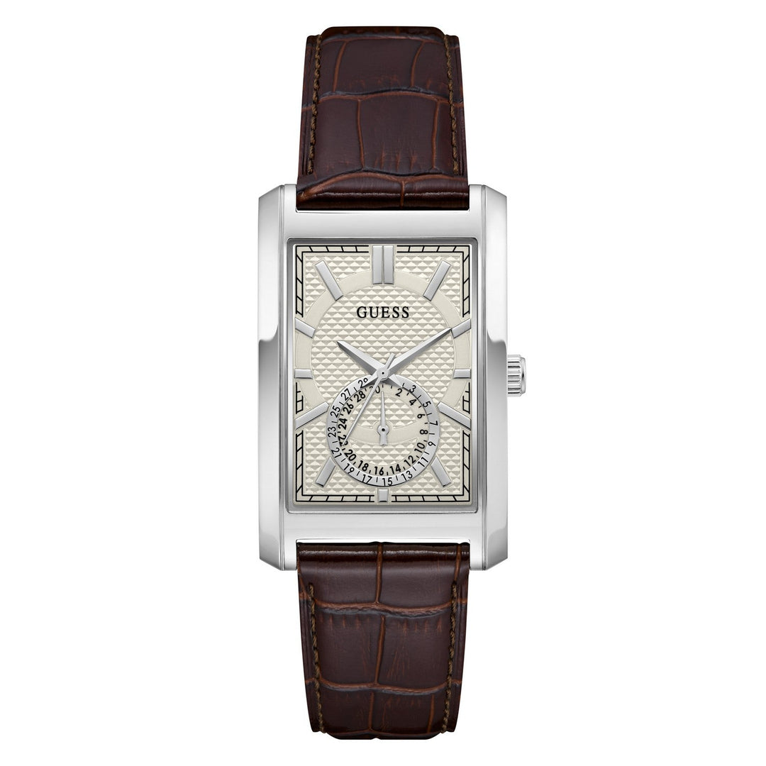 Guess Mens Hugh White Sunray Dial Brown Leather Strap Watch GW1152G1