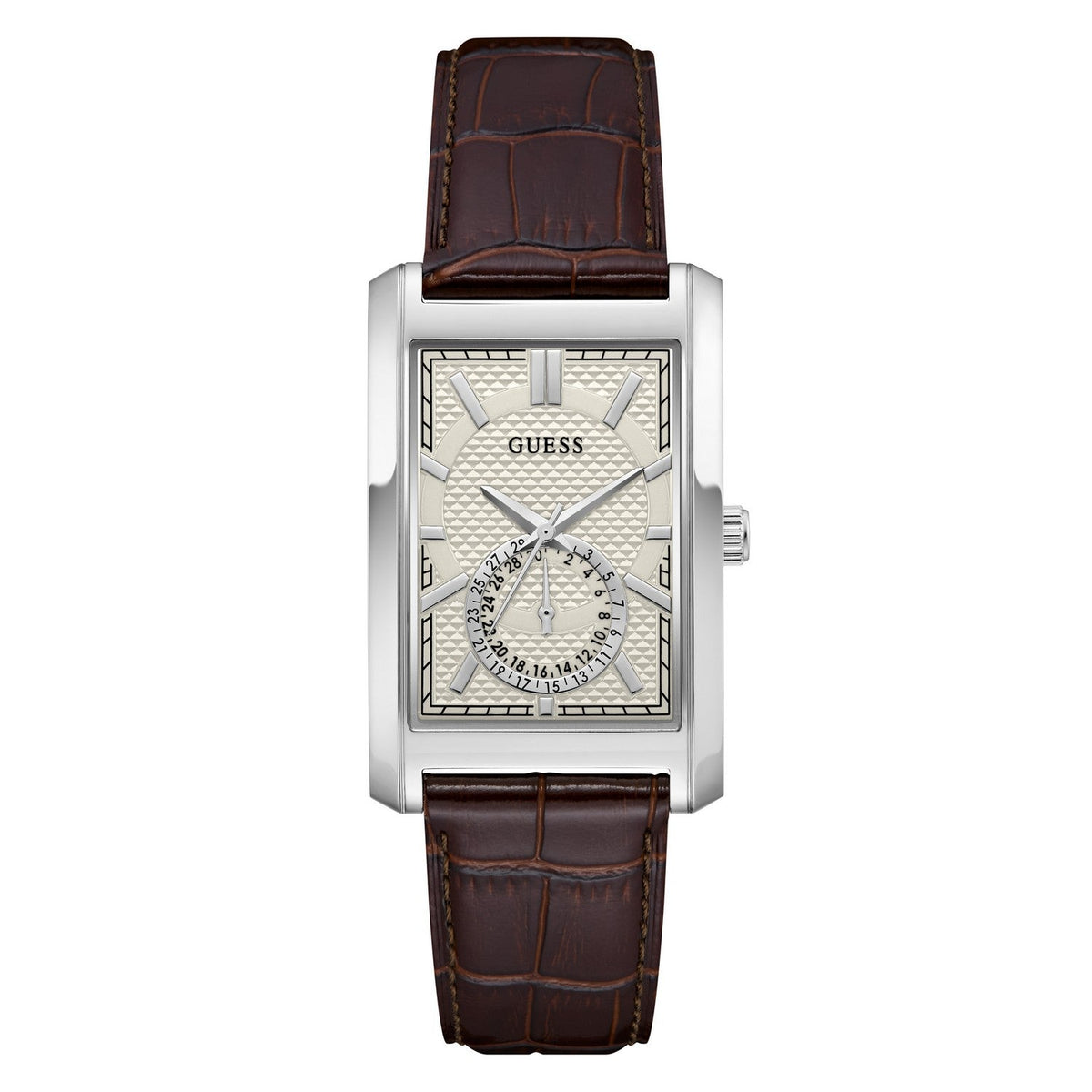Guess Mens Hugh White Sunray Dial Brown Leather Strap Watch GW1152G1
