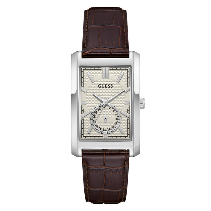 Guess Mens Hugh White Sunray Dial Brown Leather Strap Watch GW1152G1