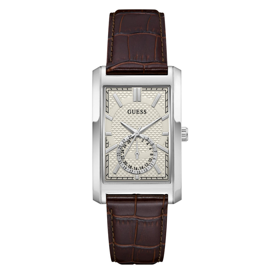 Guess Mens Hugh White Sunray Dial Brown Leather Strap Watch GW1152G1