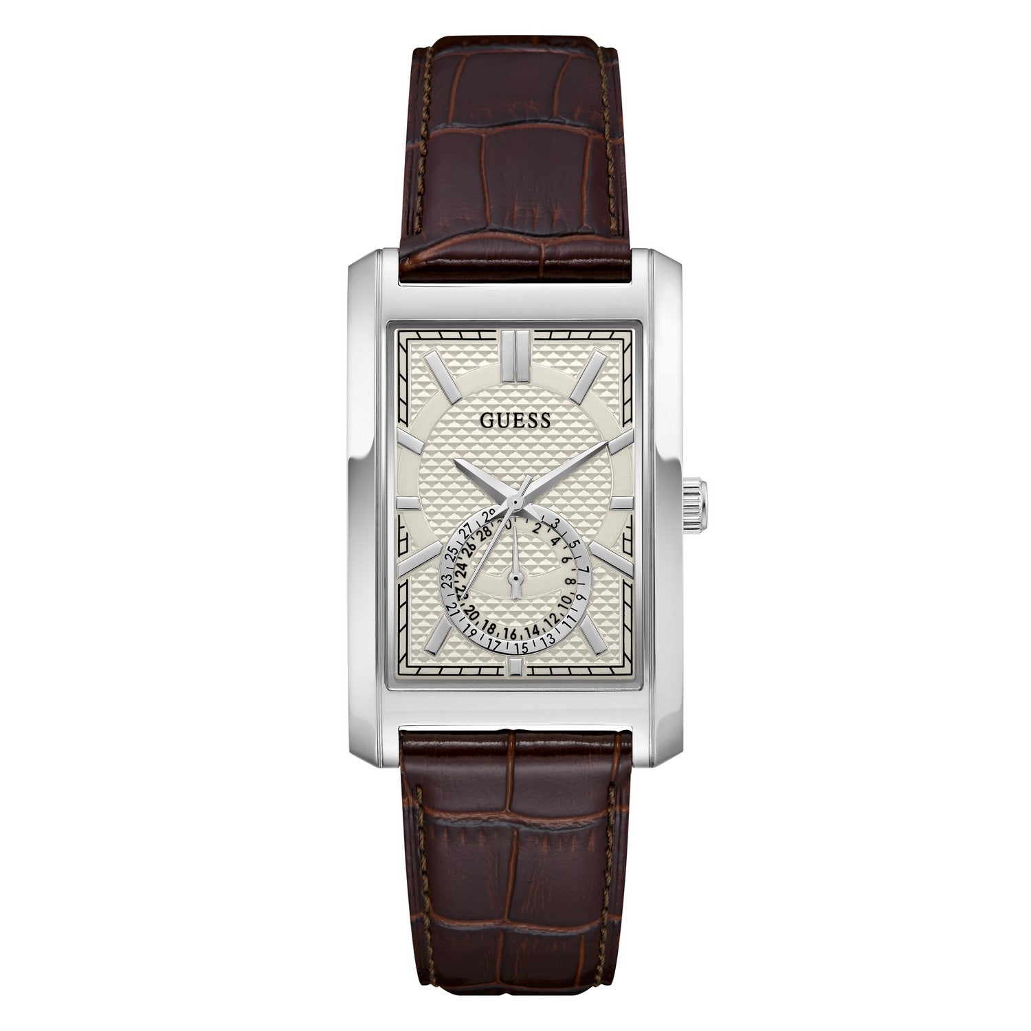 Guess Mens Hugh White Sunray Dial Brown Leather Strap Watch GW1152G1
