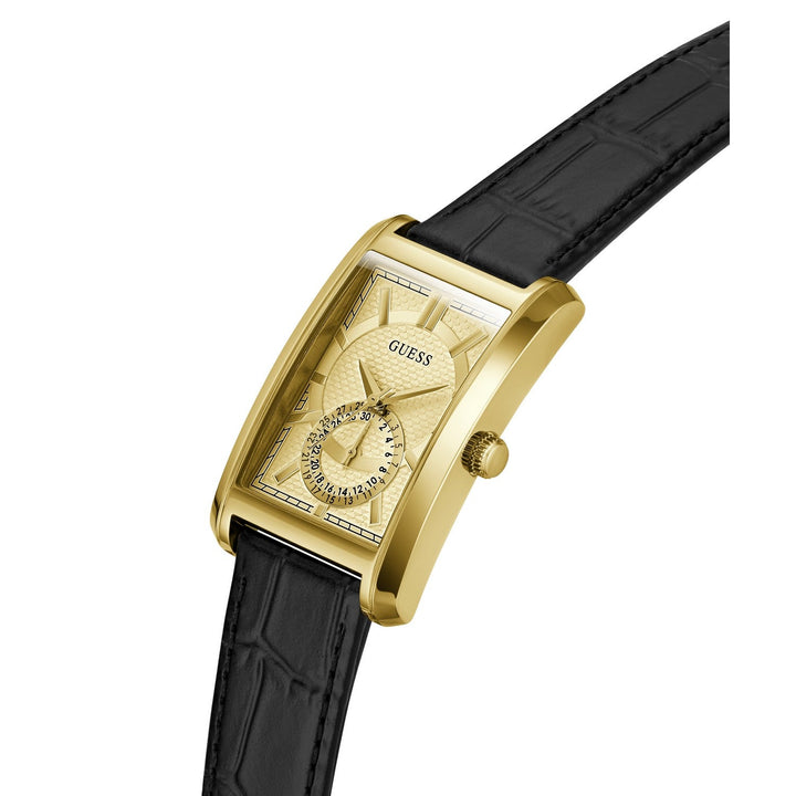 Guess Mens Hugh Champagne Sunray Dial Black Leather Strap Watch GW1152G2