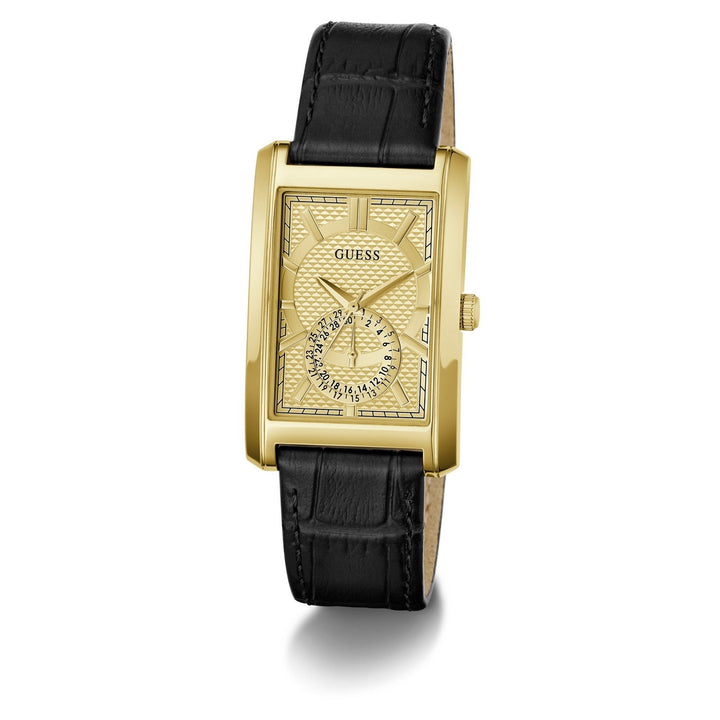 Guess Mens Hugh Champagne Sunray Dial Black Leather Strap Watch GW1152G2