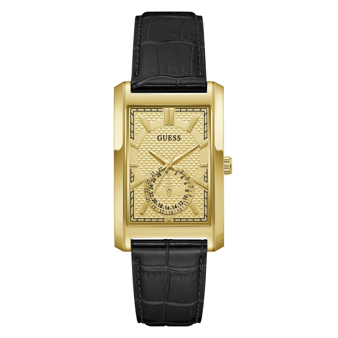 Guess Mens Hugh Champagne Sunray Dial Black Leather Strap Watch GW1152G2