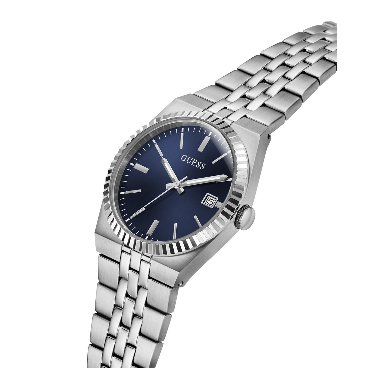 Guess Mens Vincent Blue Sunray Dial Silver-Tone Stainless Steel Bracelet Watch GW1153G1