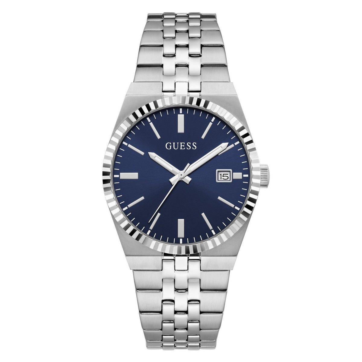 Guess Mens Vincent Blue Sunray Dial Silver-Tone Stainless Steel Bracelet Watch GW1153G1