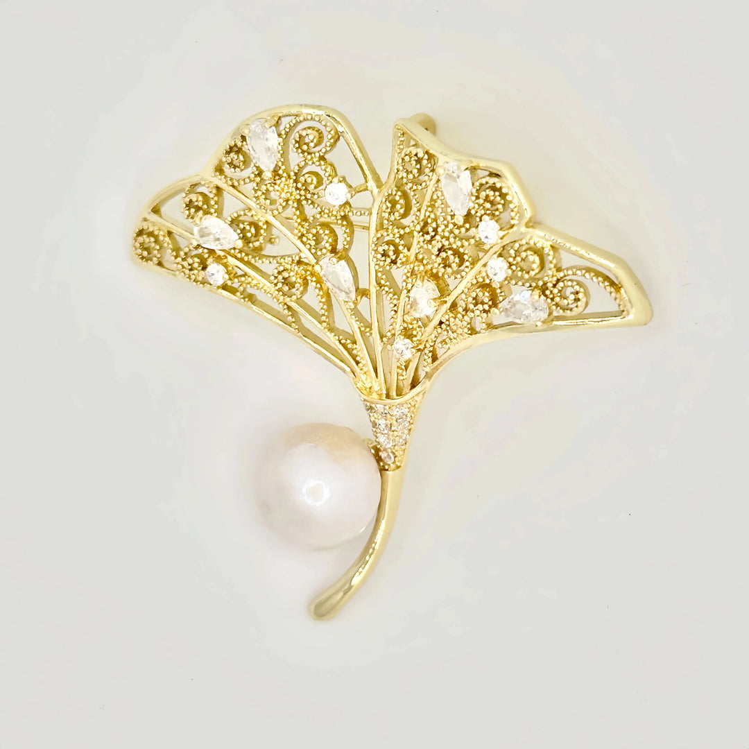 Ginkgo Leaf Pink and White Pearl Brooch
