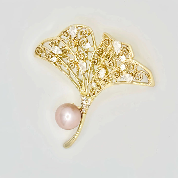 Ginkgo Leaf Pink and White Pearl Brooch