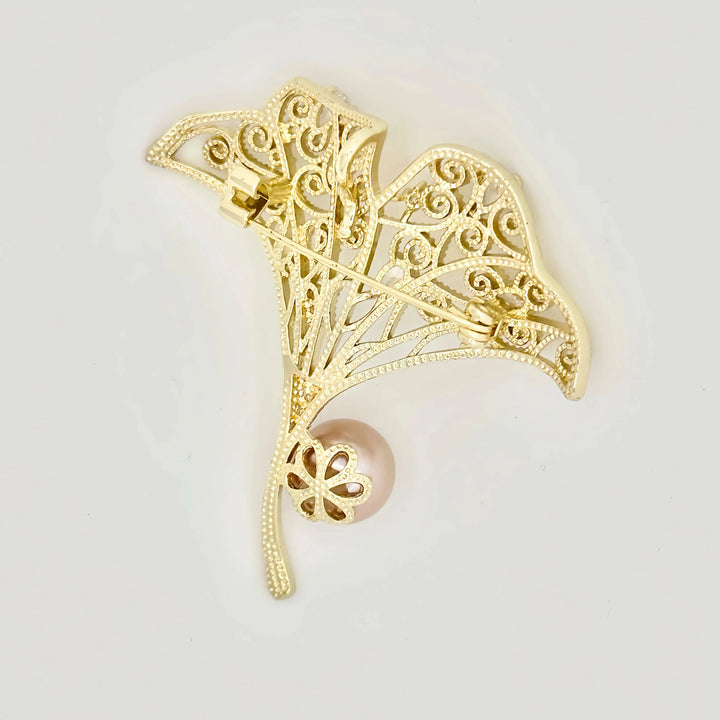 Ginkgo Leaf Pink and White Pearl Brooch