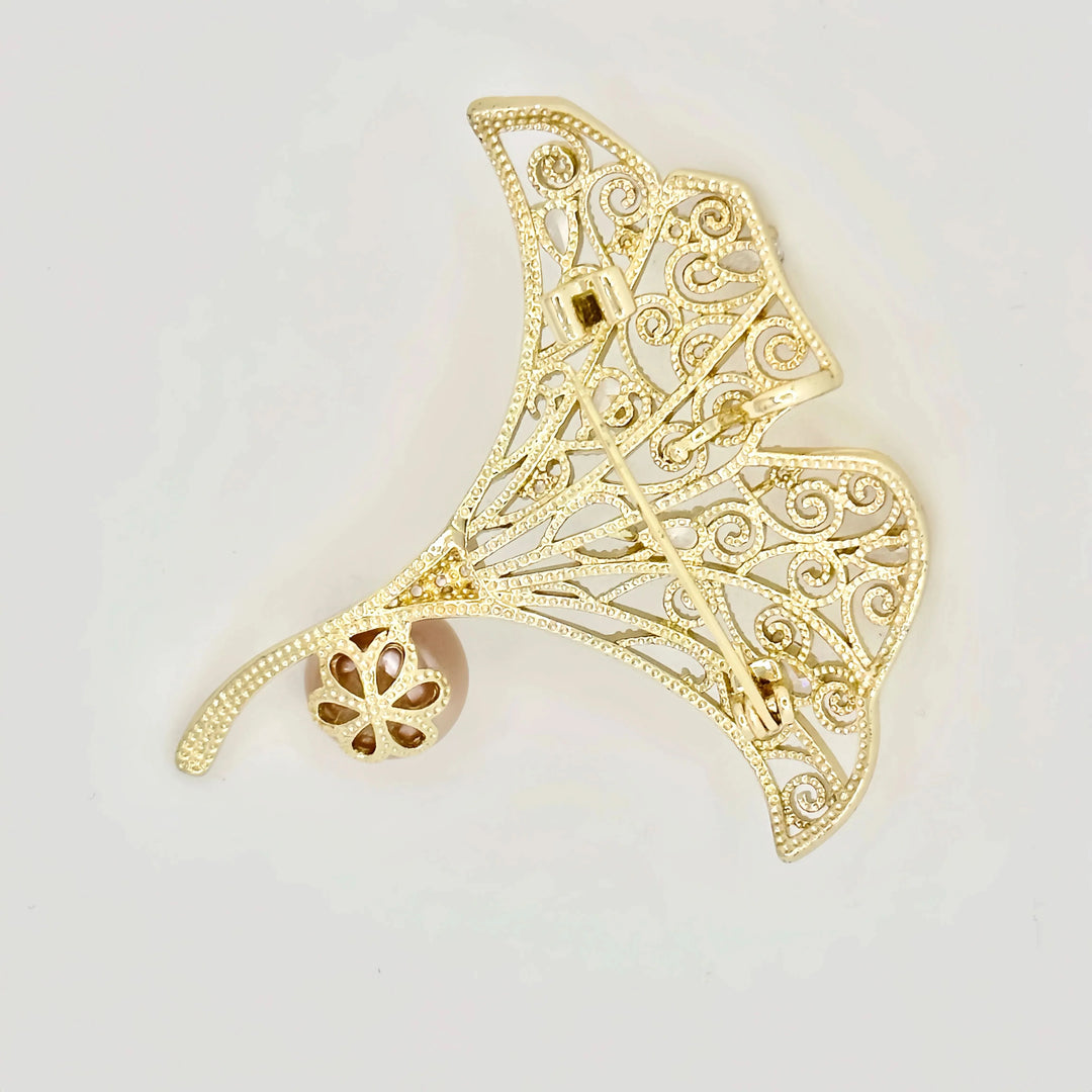 Ginkgo Leaf Pink and White Pearl Brooch