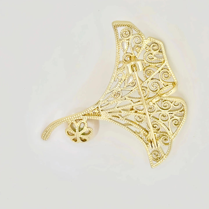 Ginkgo Leaf Pink and White Pearl Brooch