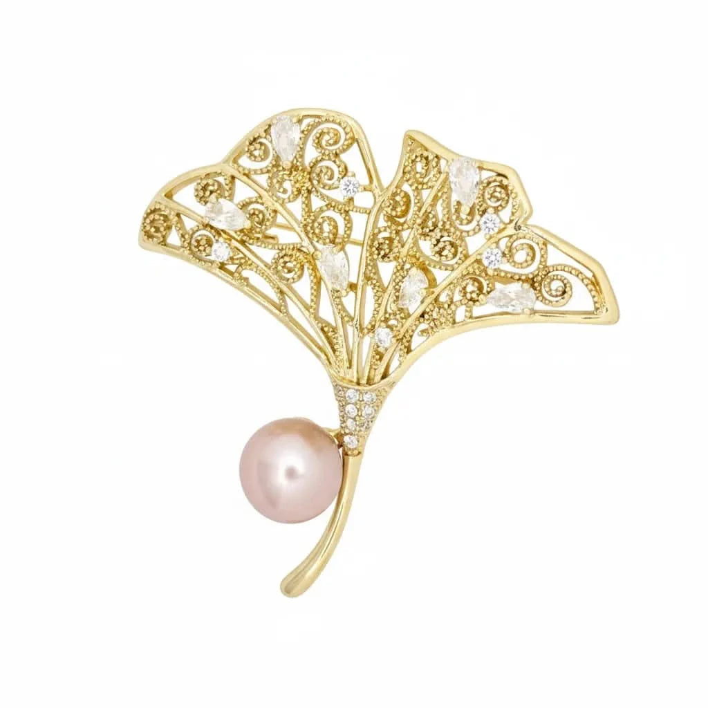 Ginkgo Leaf Pink and White Pearl Brooch