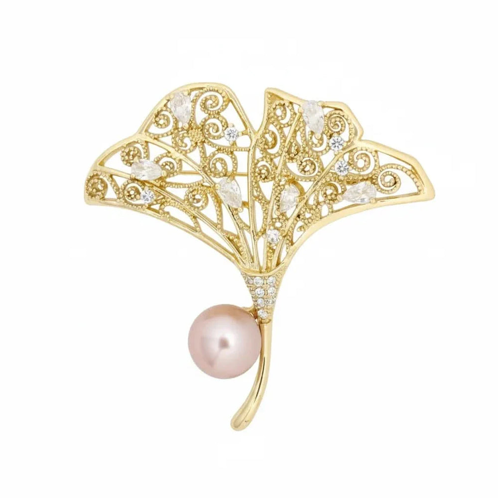 Ginkgo Leaf Pink and White Pearl Brooch