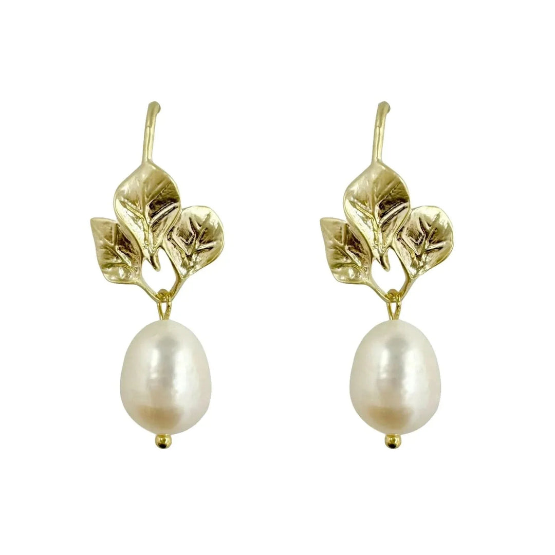 Gold Leaves Pearl Drops Earrings