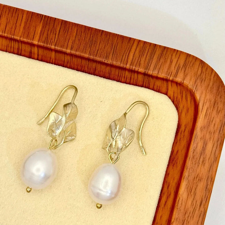 Gold Leaves Pearl Drops Earrings