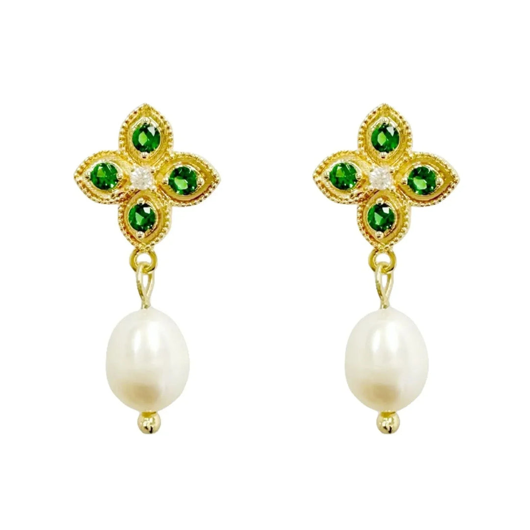Gold Stud Pearl Earring with Green Gemstones