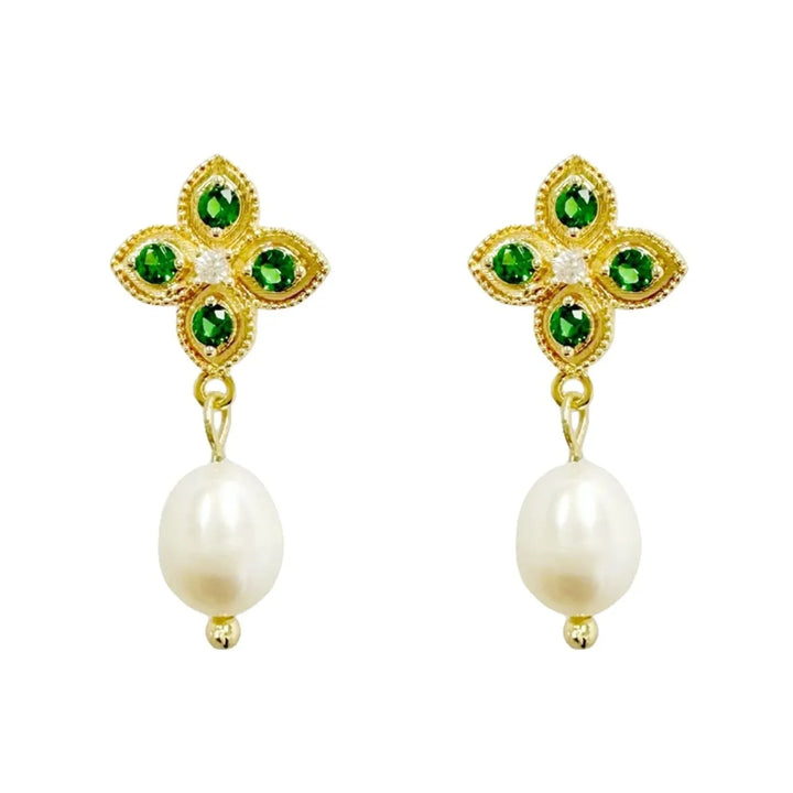 Gold Stud Pearl Earring with Green Gemstones