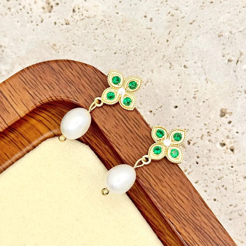 Gold Stud Pearl Earring with Green Gemstones