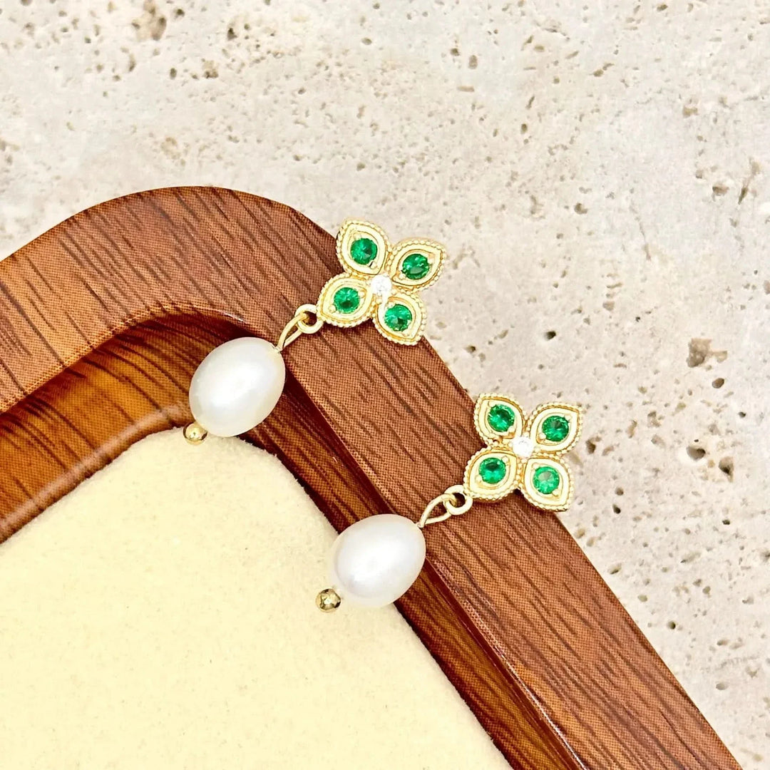 Gold Stud Pearl Earring with Green Gemstones
