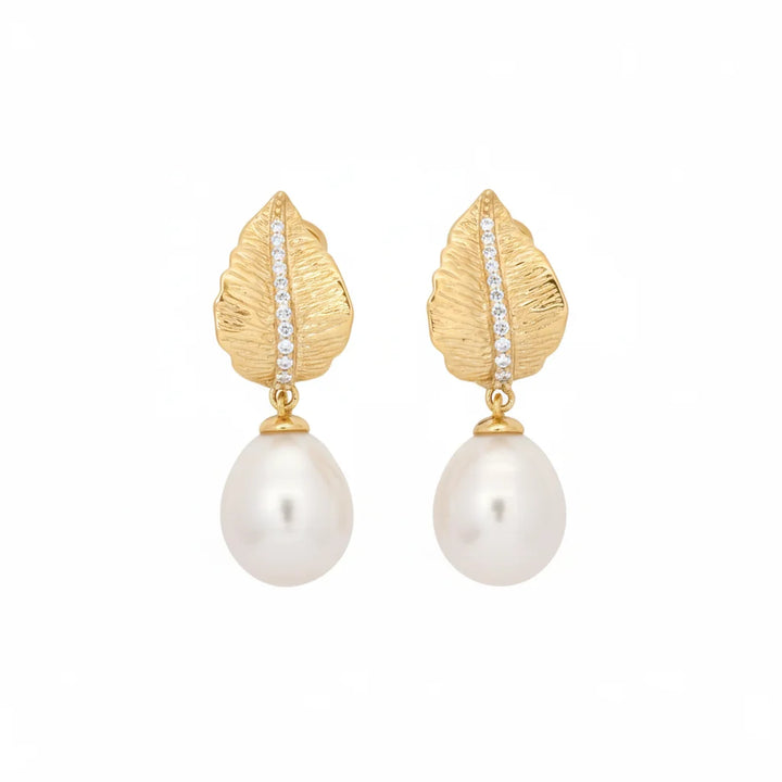 Gold Diamond Leaves Baroque Pearl Earrings