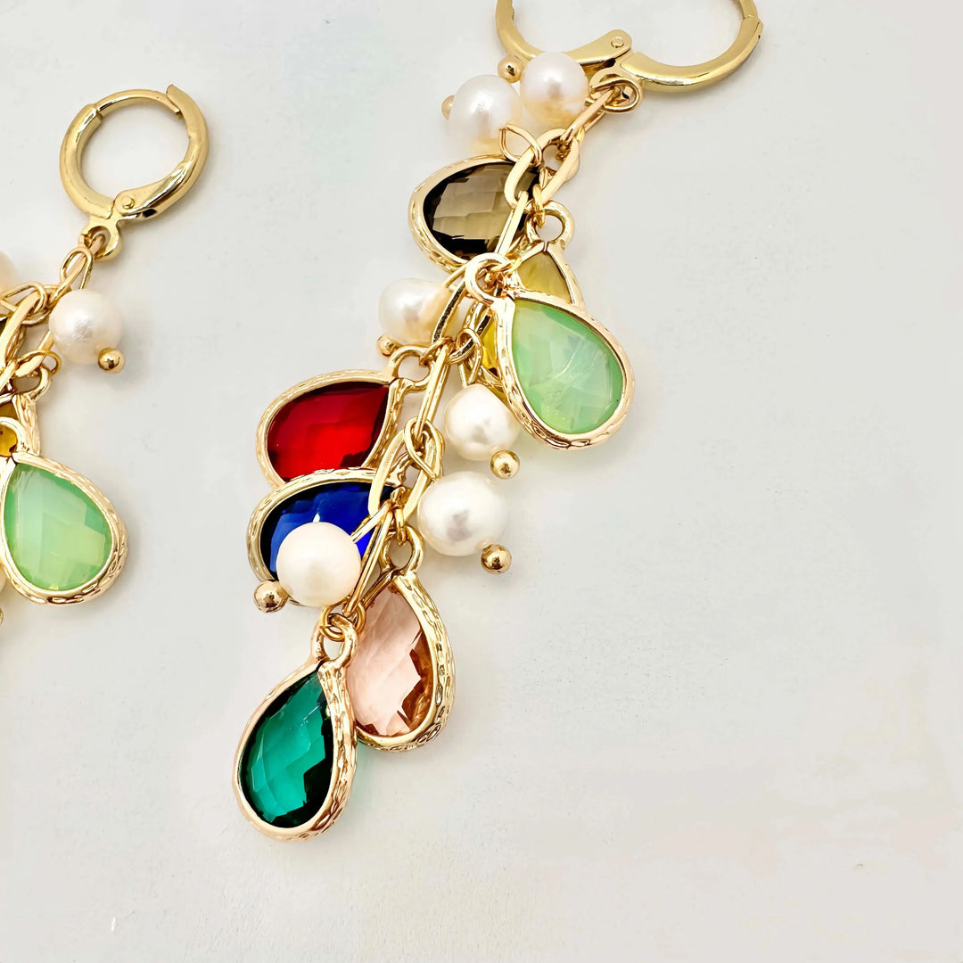 Gold Hoops Pearls Earrings with Rainbow Charms