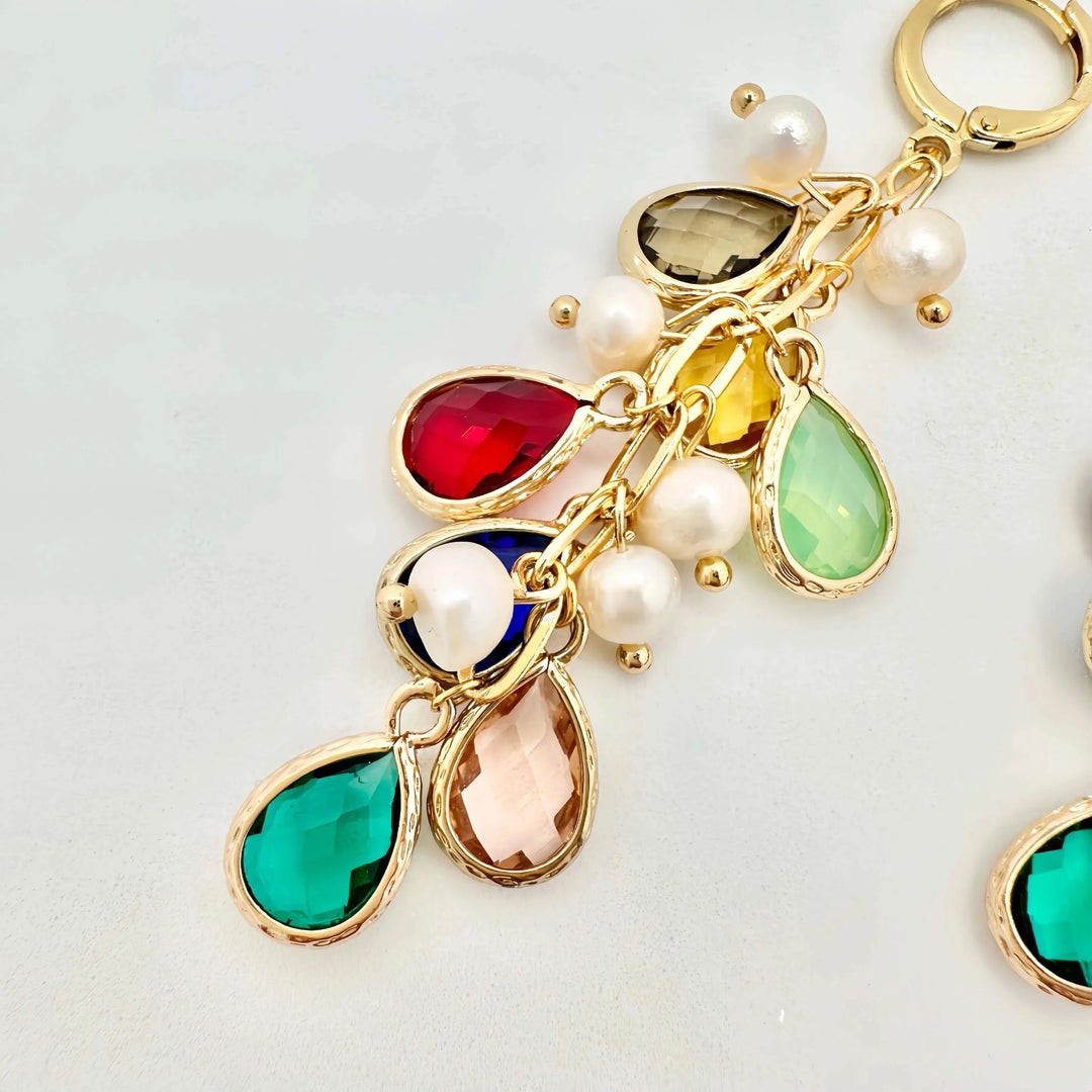 Gold Hoops Pearls Earrings with Rainbow Charms