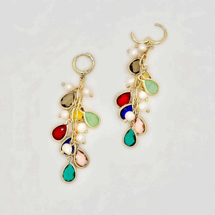 Gold Hoops Pearls Earrings with Rainbow Charms