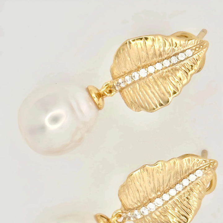 Gold Diamond Leaves Baroque Pearl Earrings