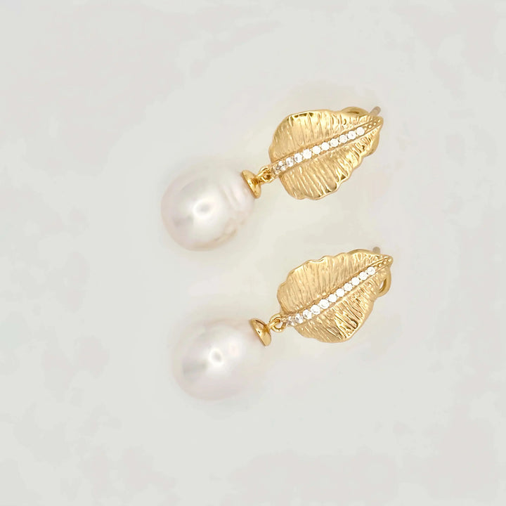 Gold Diamond Leaves Baroque Pearl Earrings