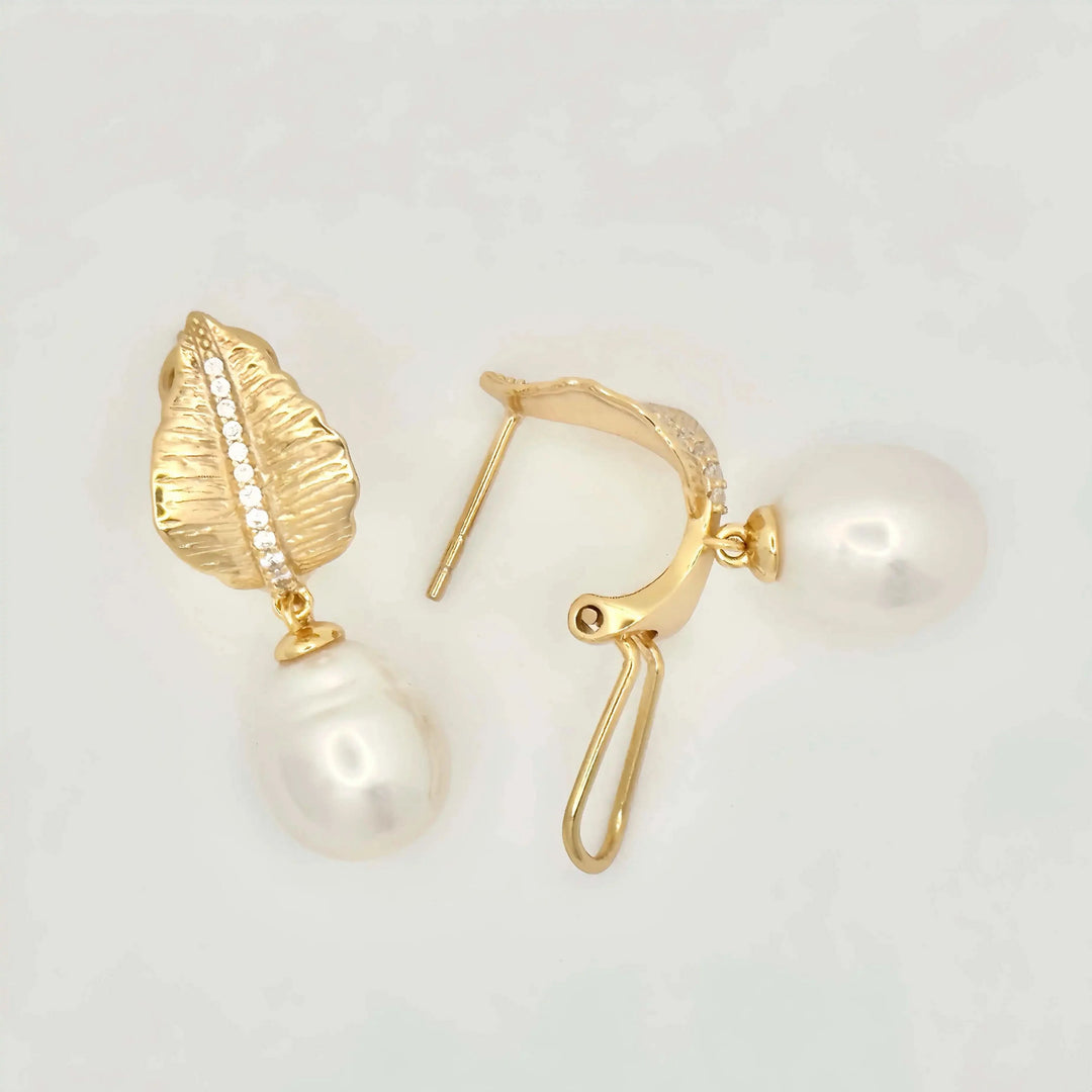 Gold Diamond Leaves Baroque Pearl Earrings