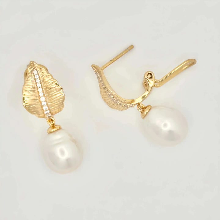 Gold Diamond Leaves Baroque Pearl Earrings