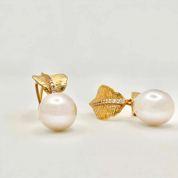 Gold Diamond Leaves Baroque Pearl Earrings