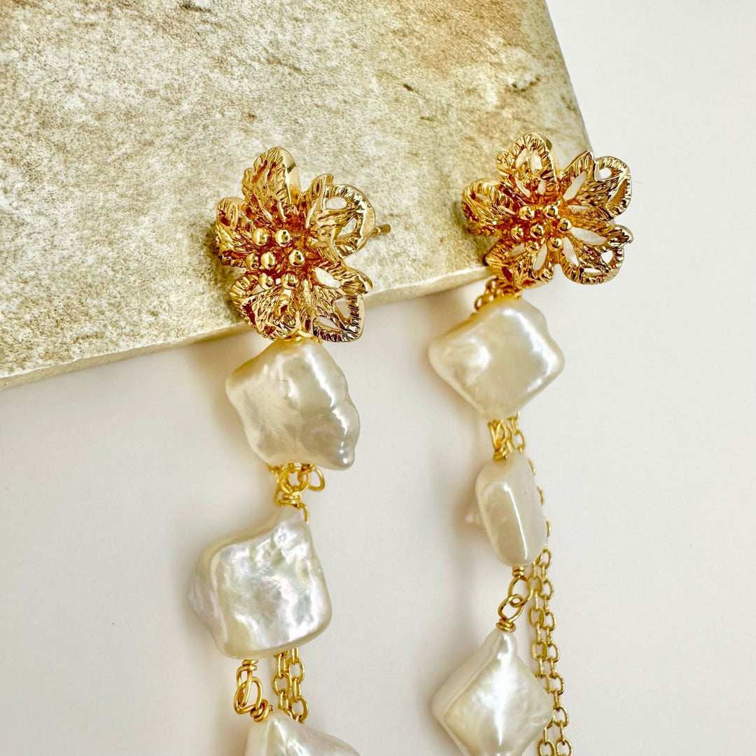 Gold Vermeil Flower Dangle Pearl Chain Earrings