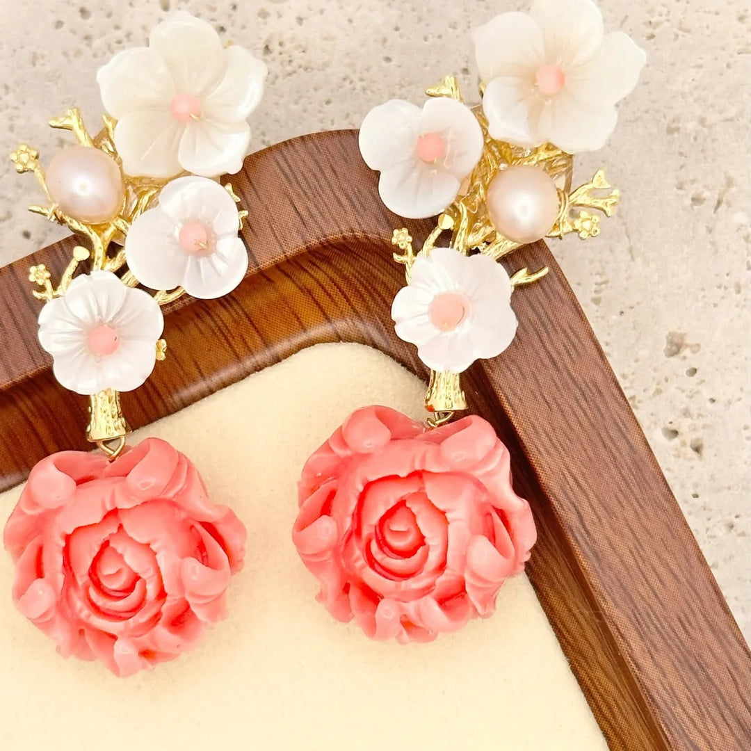 Gold Vermeil Pink Rose Shell Stud Earrings