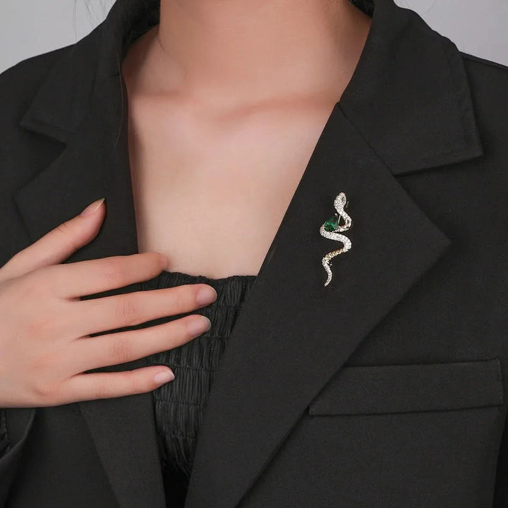 Elegant Green Diamond Snake Brooch