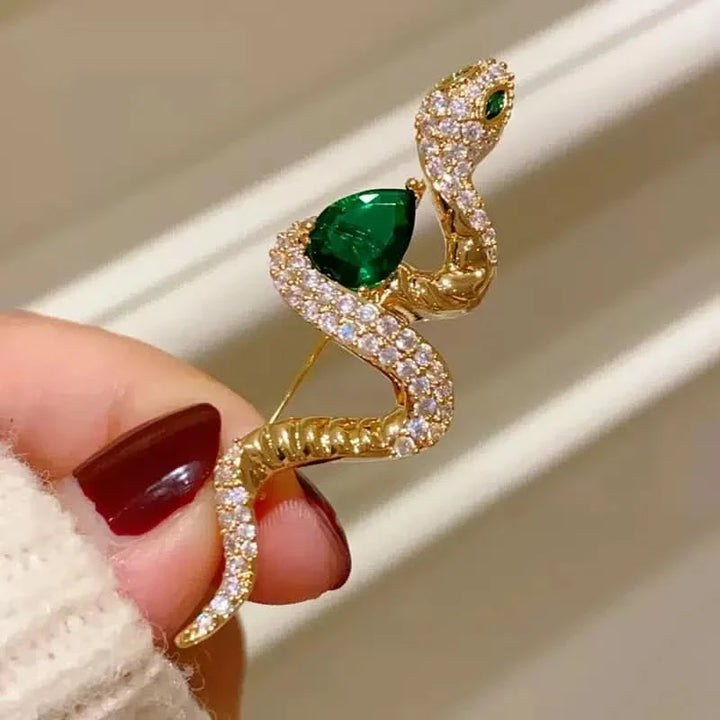 Elegant Green Diamond Snake Brooch