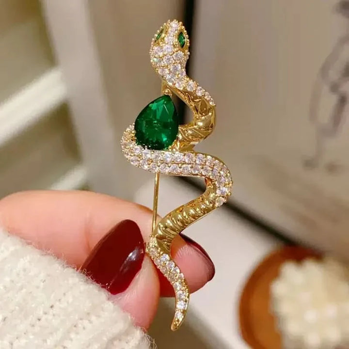 Elegant Green Diamond Snake Brooch