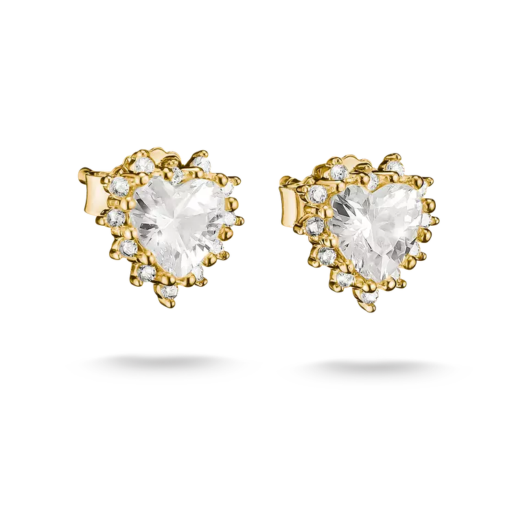 A pair of gold heart-shaped stud earrings with clear heart-cut center stones and small clear accent stones, shown on a white background.