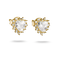A pair of gold heart-shaped stud earrings with clear heart-cut center stones and small clear accent stones, shown on a white background.