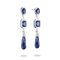A pair of silver drop earrings featuring deep blue gemstone clusters, including teardrop, rectangular, and marquise-cut stones, shown against a plain white background.