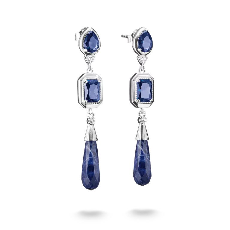 A pair of silver drop earrings featuring deep blue gemstone clusters, including teardrop, rectangular, and marquise-cut stones, shown against a plain white background.