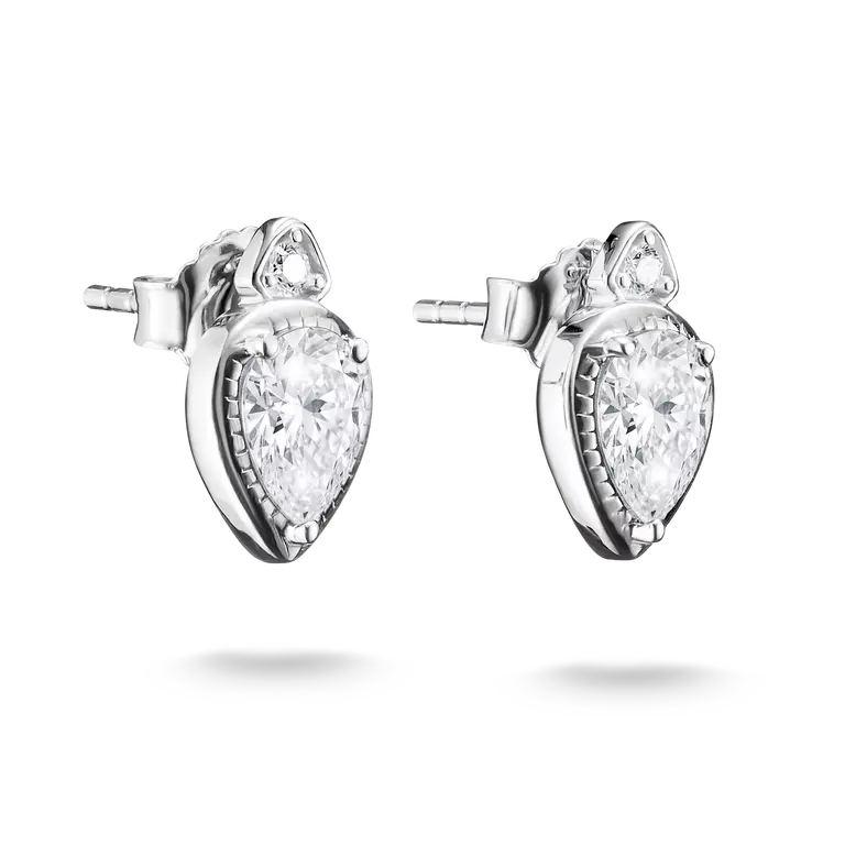 A pair of silver stud earrings featuring pear-cut clear gemstones in a heart-shaped setting with a small triangular accent above, shown on a white background.
