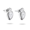 A pair of silver stud earrings featuring pear-cut clear gemstones in a heart-shaped setting with a small triangular accent above, shown on a white background.