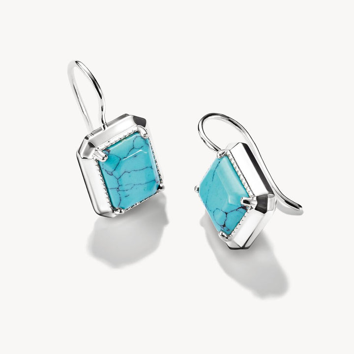 Turquoise stone earrings with silver frames on a white background