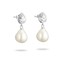 A pair of silver stud earrings featuring a teardrop-shaped clear crystal in a beaded halo setting with a dangling baroque pearl below, shown on a white background with soft drop shadows.