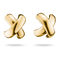 A pair of gold stud earrings with a polished, abstract twisted 'X' design, shown on a clean white background with soft drop shadows.